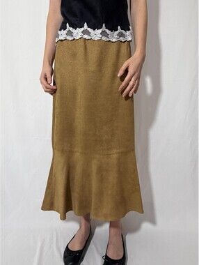 Tan Faux Suede Vintage Fall Midi/Maxi Cargo Skirt